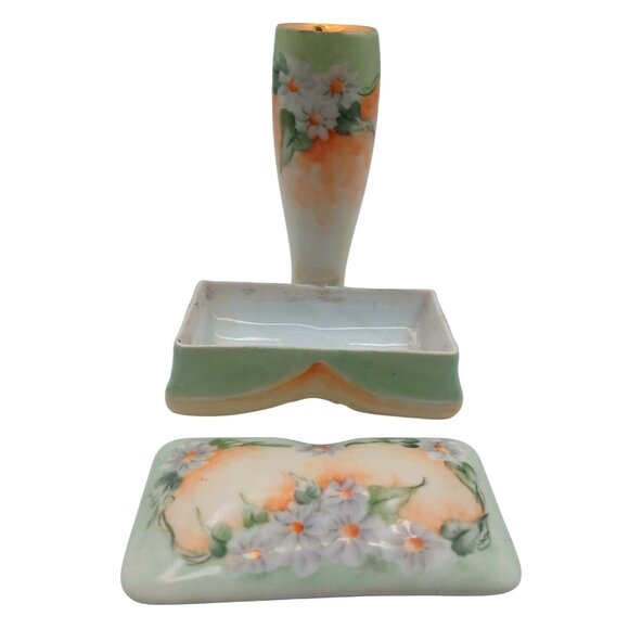 Rare Bavarian Porcelain Hat Pin Holder With Attached Trinket Dish Green & Yellow - Picture 3 of 14